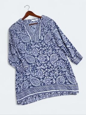 Sigrid Olsen 100% Linen Paisley Tunic Top | Blue & White Boho Coastal Size M